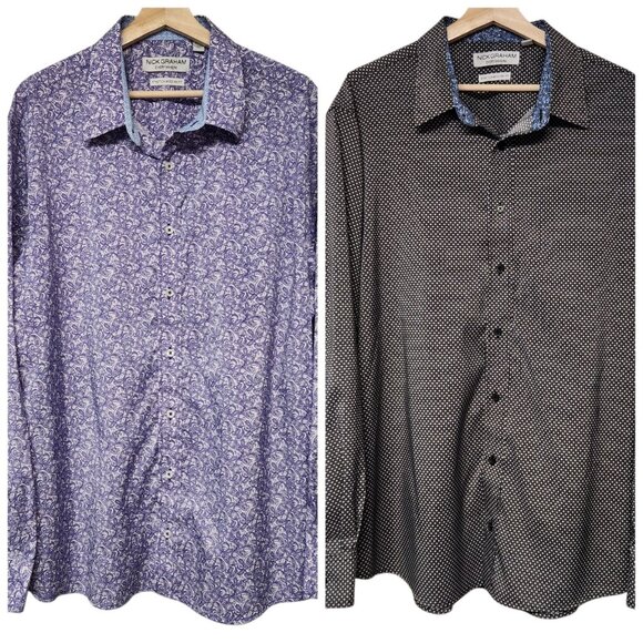 Two Nick Graham Men's 2XL 18-18.5 Shirts Long Sleeve Button Up EUC - Picture 1 of 11
